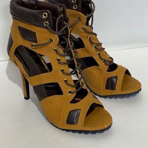 Scene Weaver Women's Lace Up Open Toe 5" High Heel Brown Booties Size 8